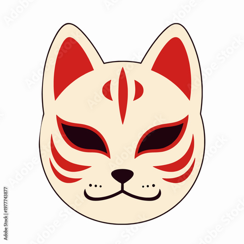 Traditional Japanese Kitsune Fox Mask Vector Illustration, Ornate Asian Cultural Spirit Mask with Red Markings and Bold Outlines for Graphic Design, Isolated on White Background, Flat Minimalist Style