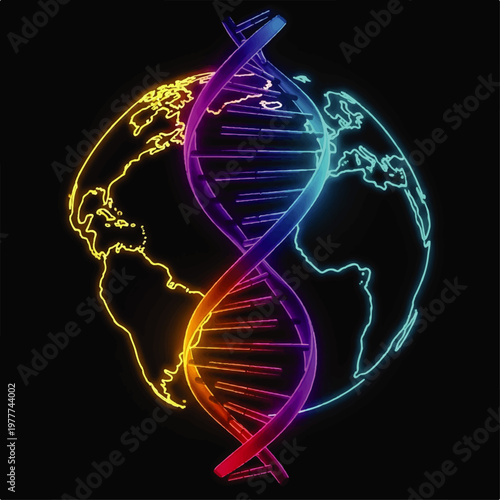 Neon DNA double helix over a glowing world globe.