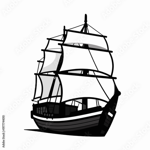 Flat Vector Illustration of a Single Traditional Nautical Sailing Ship in American Tattoo Style, Isolated Bold Black Line Art of a Maritime Vessel for Adventure and Heritage Concepts