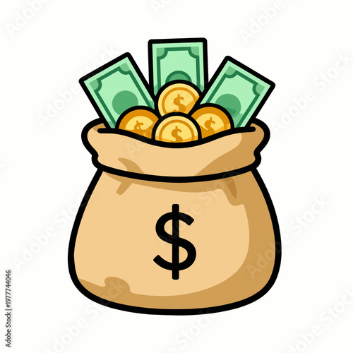 Flat vector illustration of a single burlap money bag overflowing with gold coins and cash, financial success concept for Hispanic business growth, isolated on white background, vintage style.