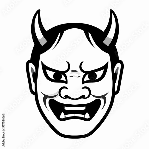 A fierce Japanese Hannya mask flat vector illustration in a minimalist black and white y2k tattoo style, featuring sharp horns and a bold demonic expression, isolated on a white background.