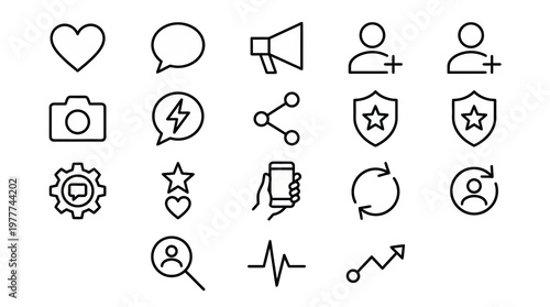 Maximum ultra-simplified social media marketing web icons in line art style. Symbols of digital engagement, content sharing, and social networking. Clean black and white vector illustration with edita