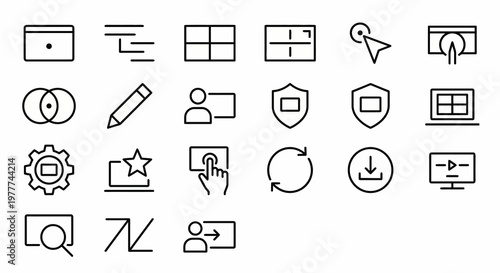 Maximum ultra-simplified UX and interface design web icons in line art style. Symbols of wireframing, user-centric design, and digital architecture. Clean black and white vector illustration with edit