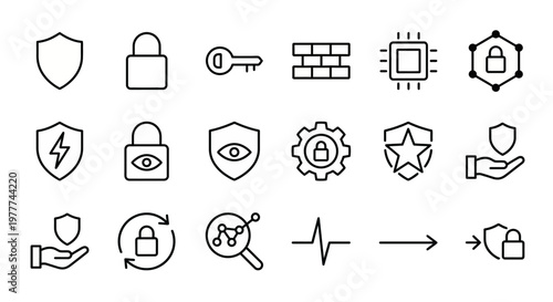 Maximum ultra-simplified cybersecurity and network defense web icons in line art style. Symbols of encryption, digital protection, and infrastructure safety. Clean black and white vector illustration 