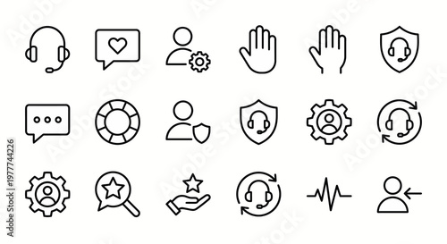 Maximum ultra-simplified customer support and CRM web icons in line art style. Symbols of client relationship management, help desk assistance, and user satisfaction. Clean black and white vector illu