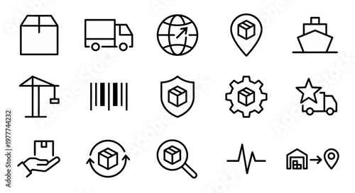 Maximum ultra-simplified logistics and supply chain web icons in line art style. Symbols of global shipping, warehouse operations, and inventory management. Clean black and white vector illustration w