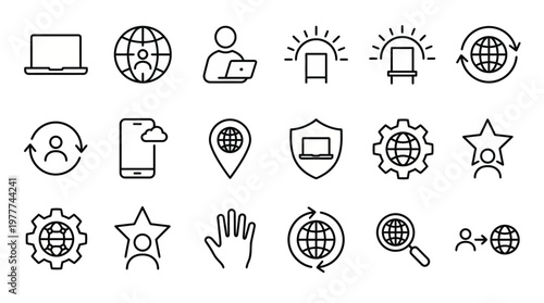 Maximum ultra-simplified remote work and digital nomadism web icons in line art style. Symbols of flexible work arrangements, global connectivity, and digital mobility. Clean black and white vector il