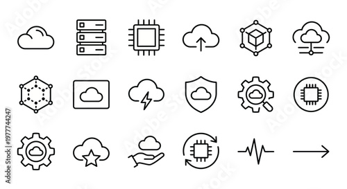 Maximum ultra-simplified cloud computing and infrastructure web icons in line art style. Symbols of data storage, server network management, and cloud architecture. Clean black and white vector illust