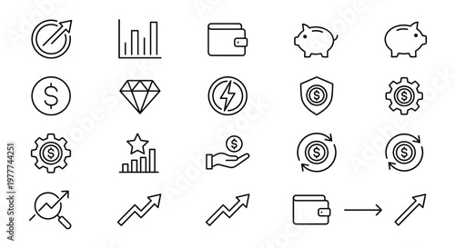 Maximum ultra-simplified digital finance and investment web icons in line art style. Symbols of wealth management, stock market trends, and financial growth. Clean black and white vector illustration 