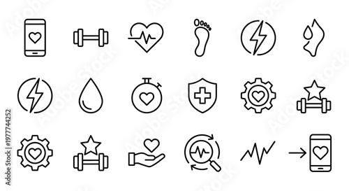 Maximum ultra-simplified mobile health and fitness web icons in line art style. Symbols of workout tracking, biometric monitoring, and digital wellness. Clean black and white vector illustration with 