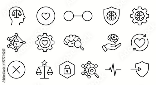 Maximum ultra-simplified AI ethics and safety web icons in line art style. Symbols of algorithmic fairness, AI alignment, and responsible innovation. Clean black and white vector illustration with edi