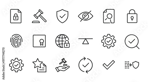 Maximum ultra-simplified privacy law and compliance web icons in line art style. Symbols of data protection regulations, legal compliance, and privacy governance. Clean black and white vector illustra