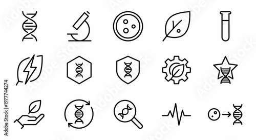Maximum ultra-simplified bioengineering and genetics web icons in line art style. Symbols of DNA sequencing, laboratory research, and biotechnological innovation. Clean black and white vector illustra