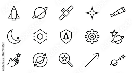 Maximum ultra-simplified space exploration and aerospace web icons in line art style. Symbols of rocket launches, satellite technology, and planetary discovery. Clean black and white vector illustrati