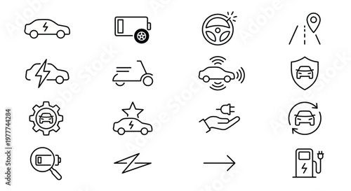 Maximum ultra-simplified future transportation and EV web icons in line art style. Symbols of electric vehicles, autonomous mobility, and smart transport infrastructure. Clean black and white vector i