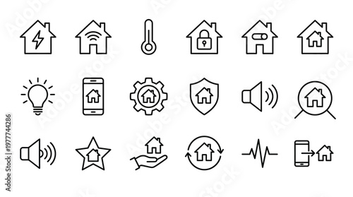 Maximum ultra-simplified smart home and automation web icons in line art style. Symbols of connected living, IoT residential devices, and domestic automation. Clean black and white vector illustration