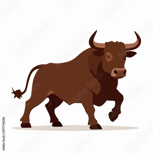 Minimalist flat vector illustration of a single powerful brown bull in a charging stance, strength and endurance concept, isolated on white background for mascot or logo design.