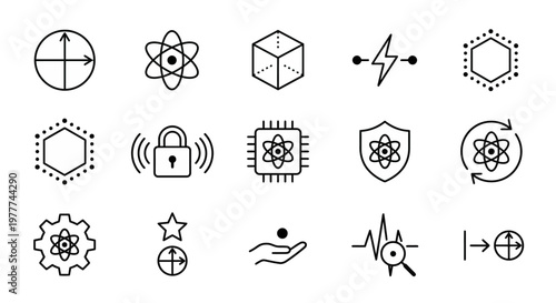Maximum ultra-simplified quantum computing and encryption web icons in line art style. Symbols of subatomic processing, advanced cybersecurity, and quantum networks. Clean black and white vector illus