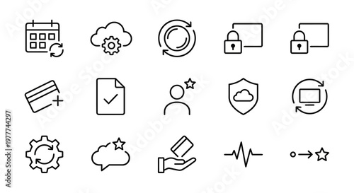 Maximum ultra-simplified subscription services and SaaS web icons in line art style. Symbols of recurring payments, cloud-based software, and digital membership tiers. Clean black and white vector ill