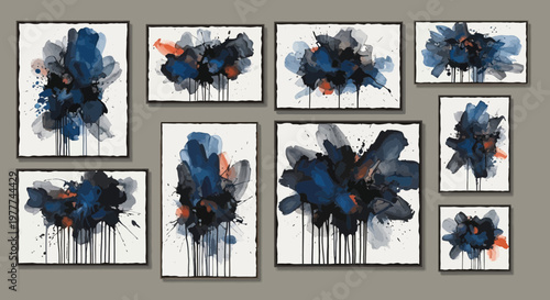 Abstract Floral Splatter Art: Blue, Black, and Orange Ink Paintings