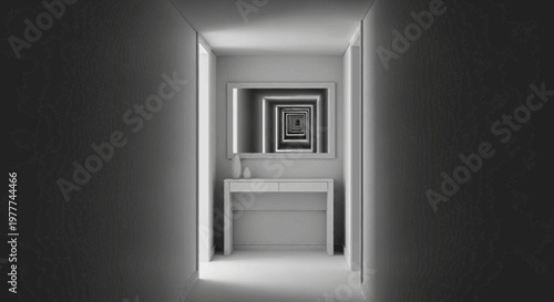 Endless corridor illusion, abstract digital art, infinite hallway, surreal perspective, monochrome