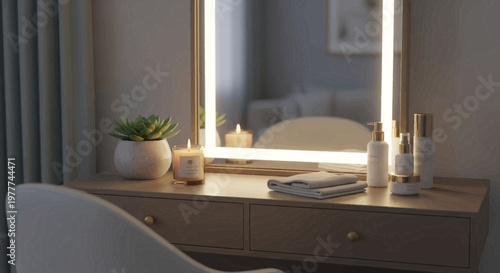 Elegant vanity table with illuminated mirror, makeup, candle, and plant