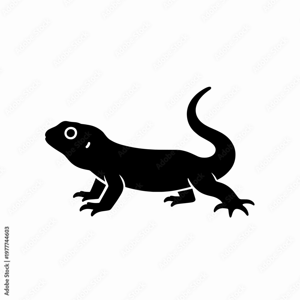 Fototapeta premium Minimalist black silhouette of a single monitor lizard crawling, flat vector illustration of a wild reptile isolated on white background, predator animal icon for nature and wildlife concepts.