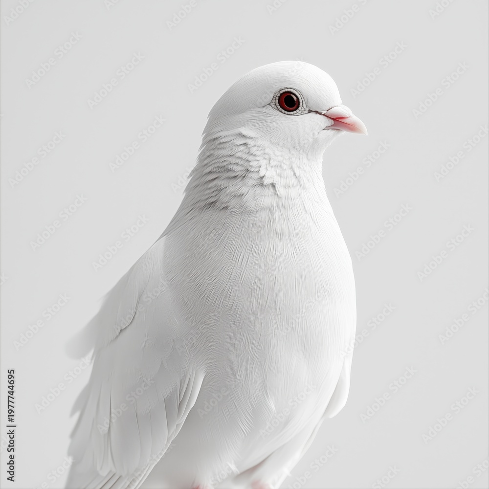 Fototapeta premium Close-up of a white pigeon with red eyes on a light gray background, looking to the right