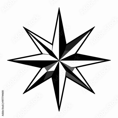 Minimalist black and white eight-pointed nautical star vector illustration, isolated geometric compass rose icon for navigation and travel concepts on a plain white background.