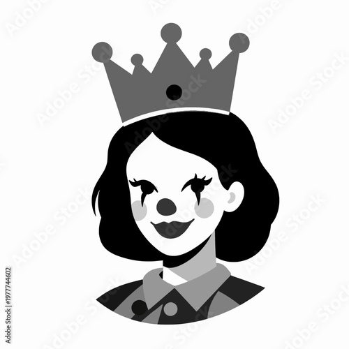Flat Vector Illustration of a Young White Woman Wearing a Royal Crown and Clown Face Paint, Sad Mood, Concept of Hidden Identity and Drama, Isolated on White Background