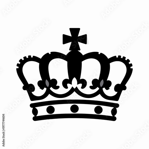 Ornate Royal Crown Flat Vector Illustration, Black Minimalist Imperial Headwear Icon, Monarch Authority Symbol Isolated on White, King and Queen Coronation Accessory, Medieval Sovereign Concept