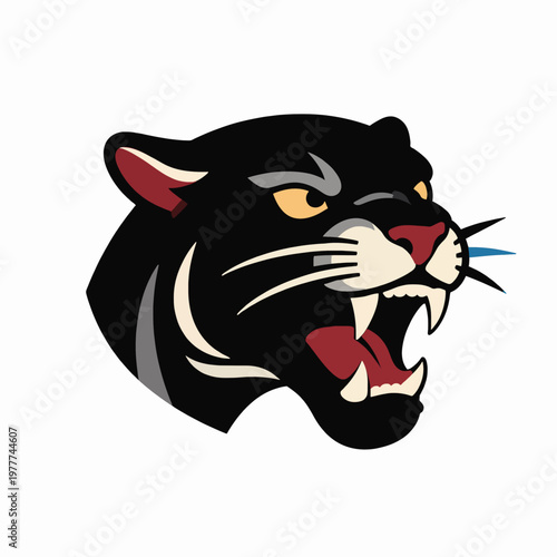 Aggressive Black Panther Head Vector Illustration in Traditional Tattoo Style with Electric Blue Lightning and Red Eyes, Flat Design Animal Concept, Isolated on White Background