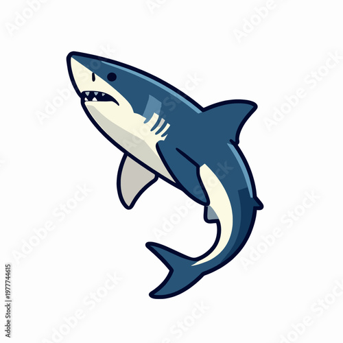 Flat vector illustration of a single great white shark jumping, traditional old school tattoo style, minimalist nautical predator icon, navy blue and cream colors isolated on white background.