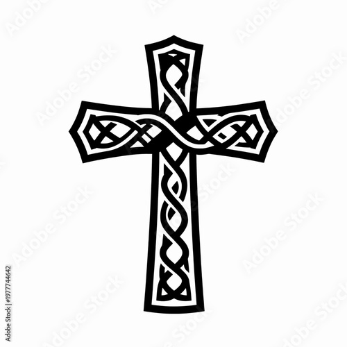 Ornate Black Celtic Crucifix Vector Icon, Minimalist Religious Cross Symbol for Christian Faith and Spirituality, Isolated on White Background for Graphic Design and Church Branding