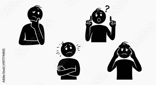 Four simple figures illustrating various states of mind, emotions, and thoughts: contemplation, an idea, anxiety, and frustration