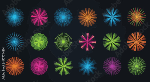 Abstract Geometric Ornaments Collection: Colorful Circular Patterns on Dark Background