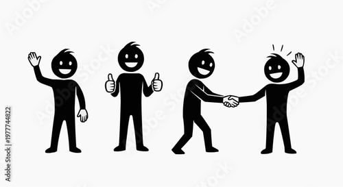 Four black stick figures performing various gestures of interaction and communication, promoting unity