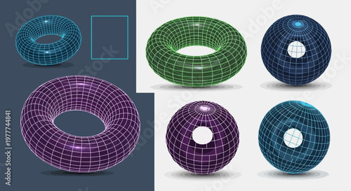 3D Wireframe Torus and Sphere Shapes with Grid Overlay, Abstract Geometric Forms