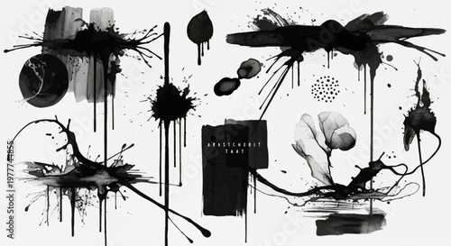 Abstract Ink Splatter and Drips Art, Grunge Texture, Black and White Artistic Design