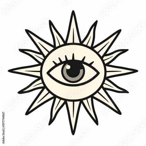 Mystical Sun Eye Vector Illustration, Vintage Woodcut Style Celestial Icon of an All-Seeing Eye with Sunburst Rays, Minimalist Occult Symbol for Spiritual and Esoteric Concepts, Isolated on White.