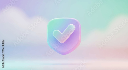 3D Shield Icon with Checkmark, Security, Success, and Approval Symbol on Abstract Background