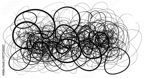 Abstract chaotic scribble of black lines and loops on white background