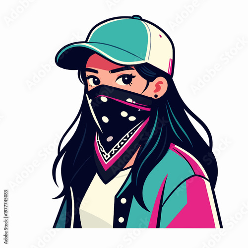 Rebellious young Caucasian woman wearing a black bandana and baseball cap in a cool urban streetwear style, flat vector illustration of a confident female teenager isolated on white background