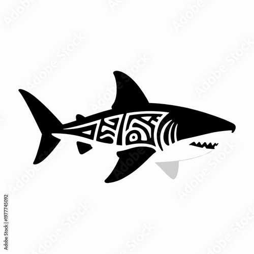 A single stylized black shark in a flat vector tribal tattoo style, minimalist predatory sea creature icon isolated on white, indigenous art inspired predator, oceanic wildlife concept.