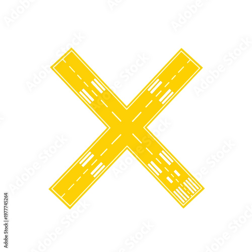 A bright yellow, stylized 'X' shape resembling a crossroad or intersection, with white dashed lines indicating lanes