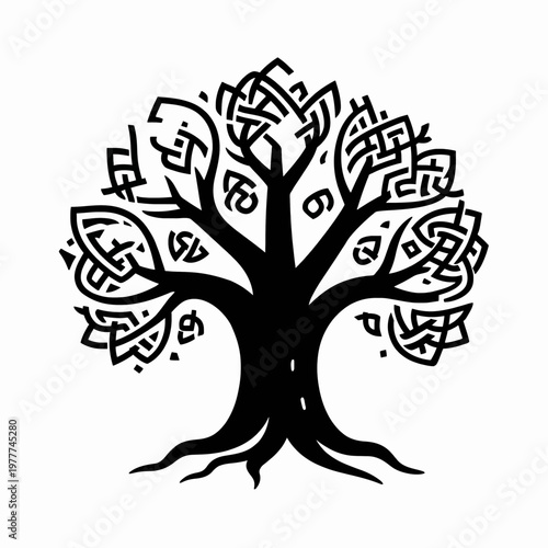 Intricate black and white flat vector illustration of a single Yggdrasil world tree with Norse mythology Celtic knotwork, isolated on white background for spiritual and nature concepts.