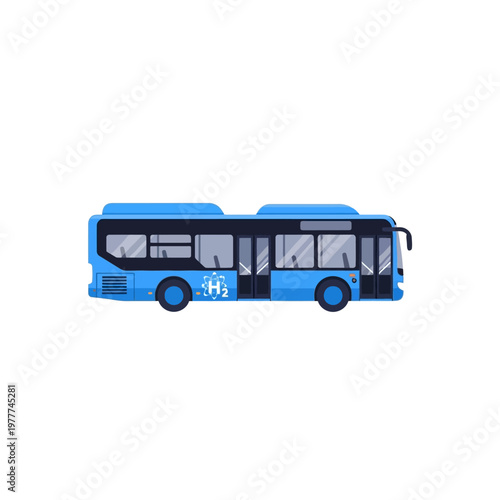 Blue hydrogen-powered bus with H2 symbol, modern public transportation, eco-friendly mobility solution for urban environments and sustainable travel