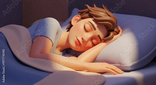 Young Person Sleeping Peacefully in Bed, Sunlight Streaming Through Window