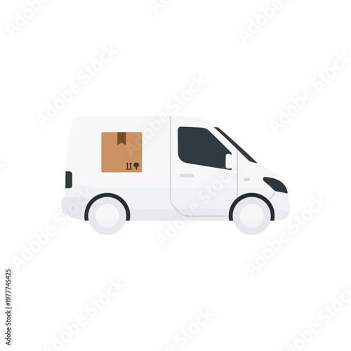 Modern white delivery van with a brown cardboard box on its side, symbolizing efficient shipping, logistics, and quick package transportation service