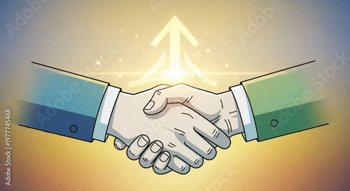 Business handshake with upward arrow symbolizing growth and success